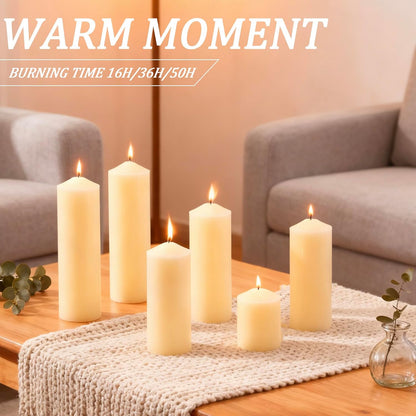 18 Pcs Ivory Pillar Candles Bulk Set，3 Different Lengths 2 x 3/4/6 Inch (6 Each)，Hurricane Candles，Dripless Unscented Smokeless，Gives You a Better Atmosphere When Organizing an Event Party.