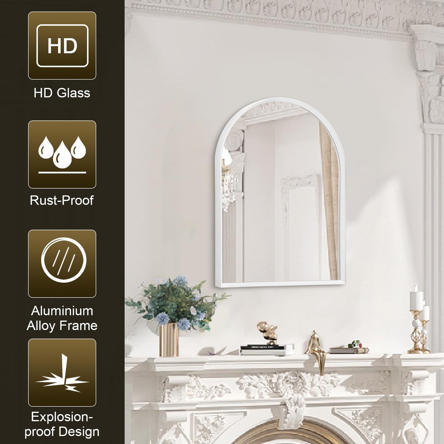 Black Arched Mirror, Modern Bathroom Wall Mirror Aluminum Alloy Framed Mirror Brushed Metal Vanity Wall Mounted Mirror for Livingroom Bedroom Entryway Room 16"x12"