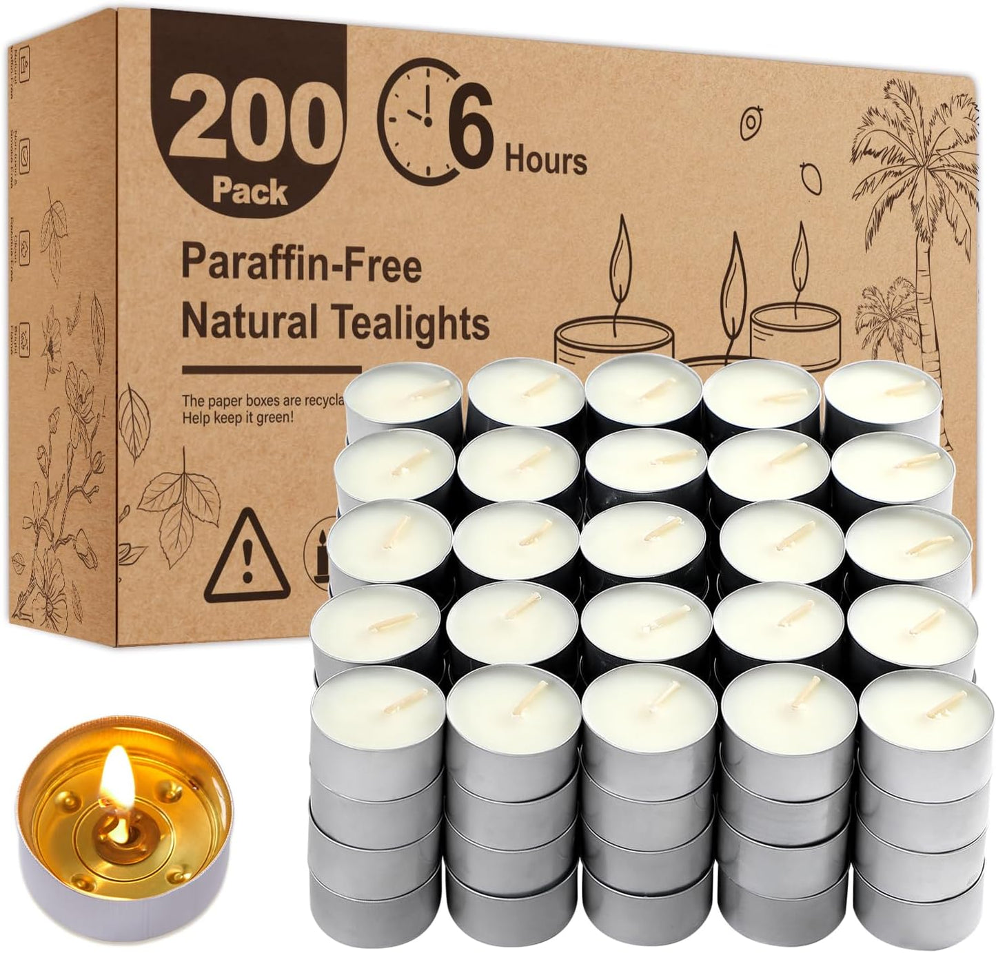 Unscented Tea Lights Candles 200 Pack,6 Hours Long Burning White Tea Candles Bulk,Non-Paraffin, Clean Burn, Smokeless, Palm Tealight Candles for Wedding,Centerpiece,Christmas Lights,Home Dceor