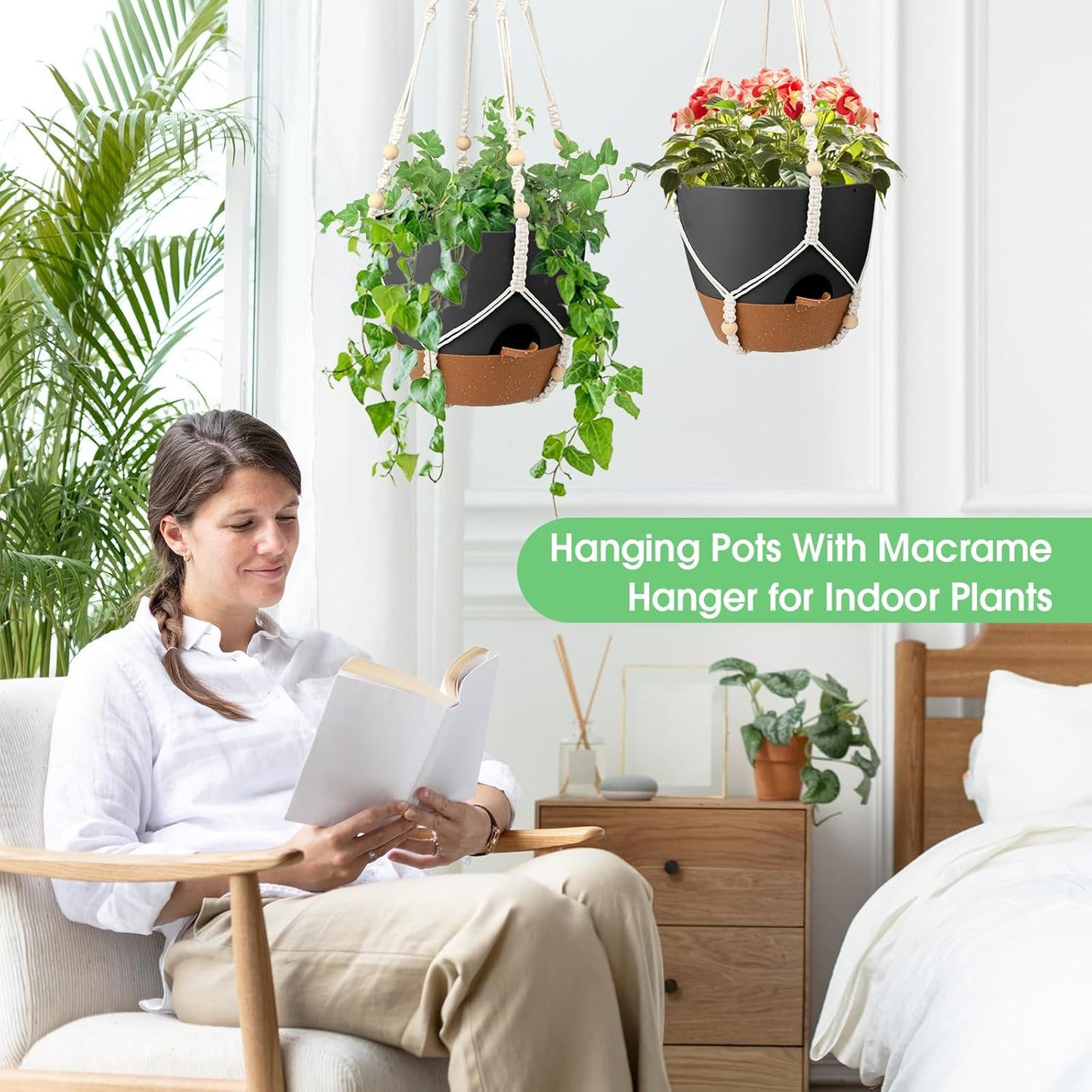 Vanslogreen Hanging Planters for Indoor Outdoor Plants, 2 Pack Self Watering Hanging Pot with Drainage Holes & Removable Tray (Black, 8'')