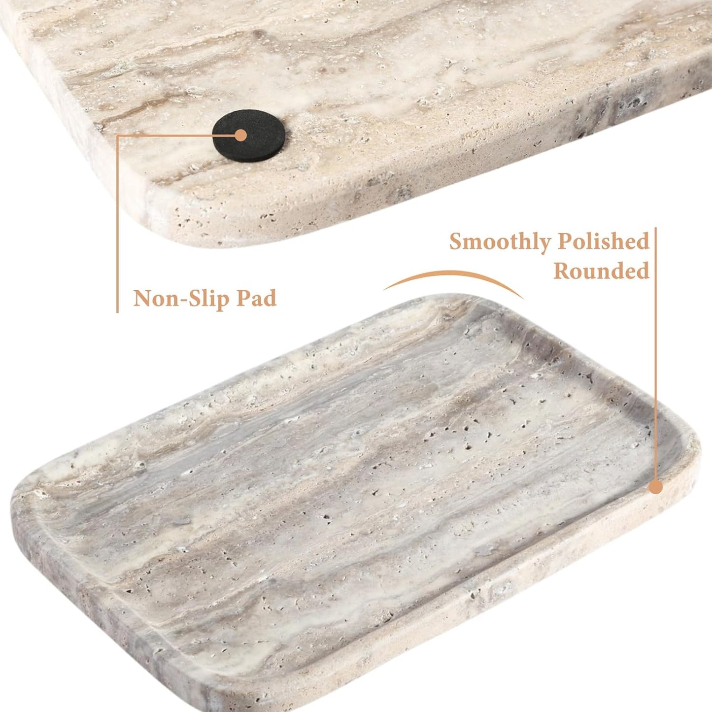 Marble Vanity Tray for Dresser Organizer, Travertine Bathroom Tray Countertop, Beige Decorative Serving Trays, Kitchen Sink Storage, Jewelry & Perfume Holder(Travertino Romano)