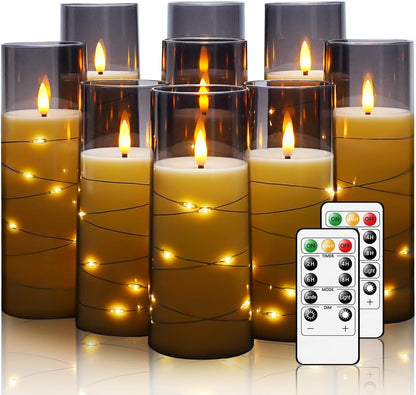 Nimiko Flickering Flameless LED Candles, 9 Pcs with Embedded Star String, Acrylic LED Pillar Candles with Remote, Suitable for Home Decoration (White)