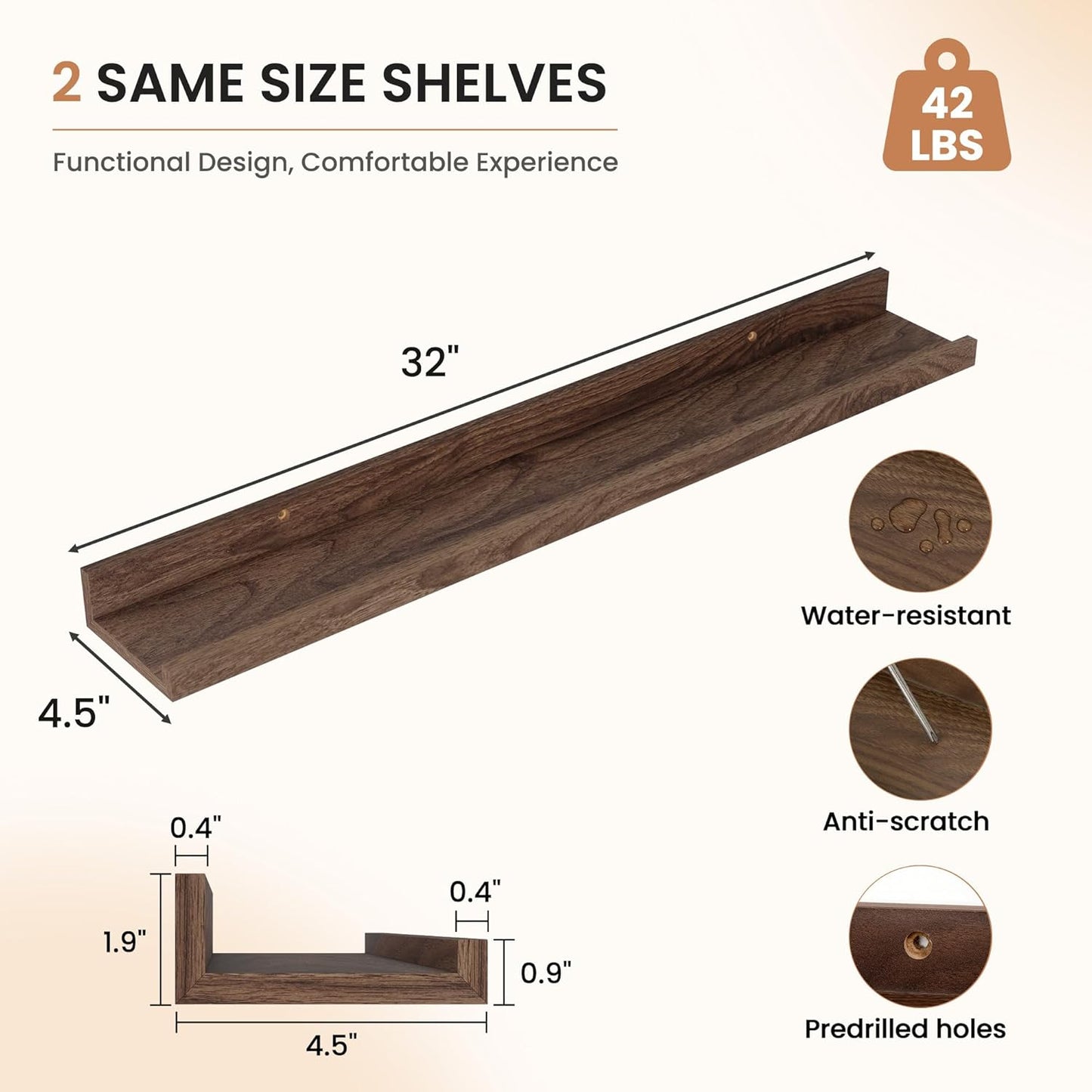 Dreamland Picture Ledge Shelf for Wall, Floating Shelves Set of 2, 48 Inch Long Floating Shelves with Lip for Living Room, Bedroom, Bathroom, Kitchen, White