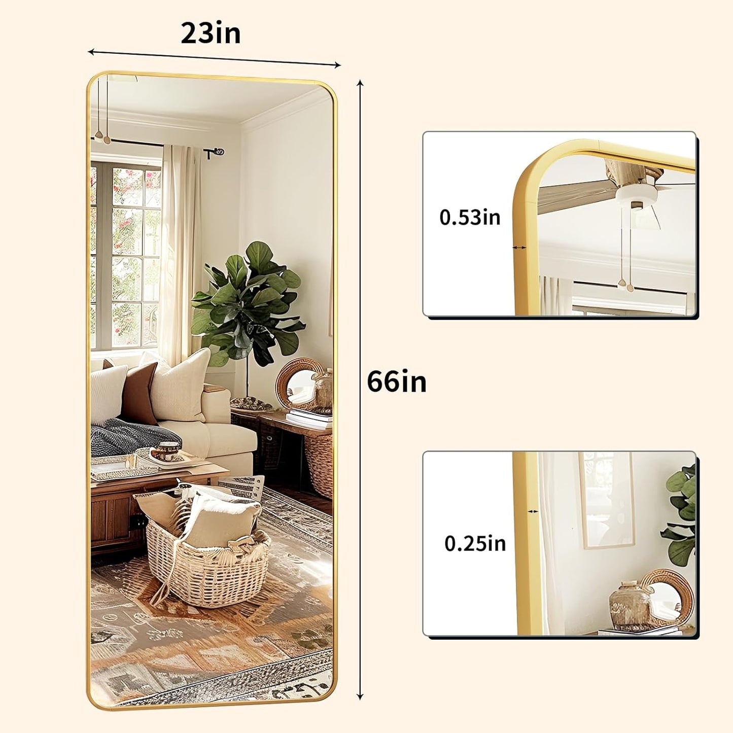 XRAMFY 56"x21" Floor Full Length Mirror Standing Full Body Rounded Corner Rectangle Mirrors with Stand Hanging Wall Mounted Leaning Bedroom Living Room Bedroom Cloakroom,Gold