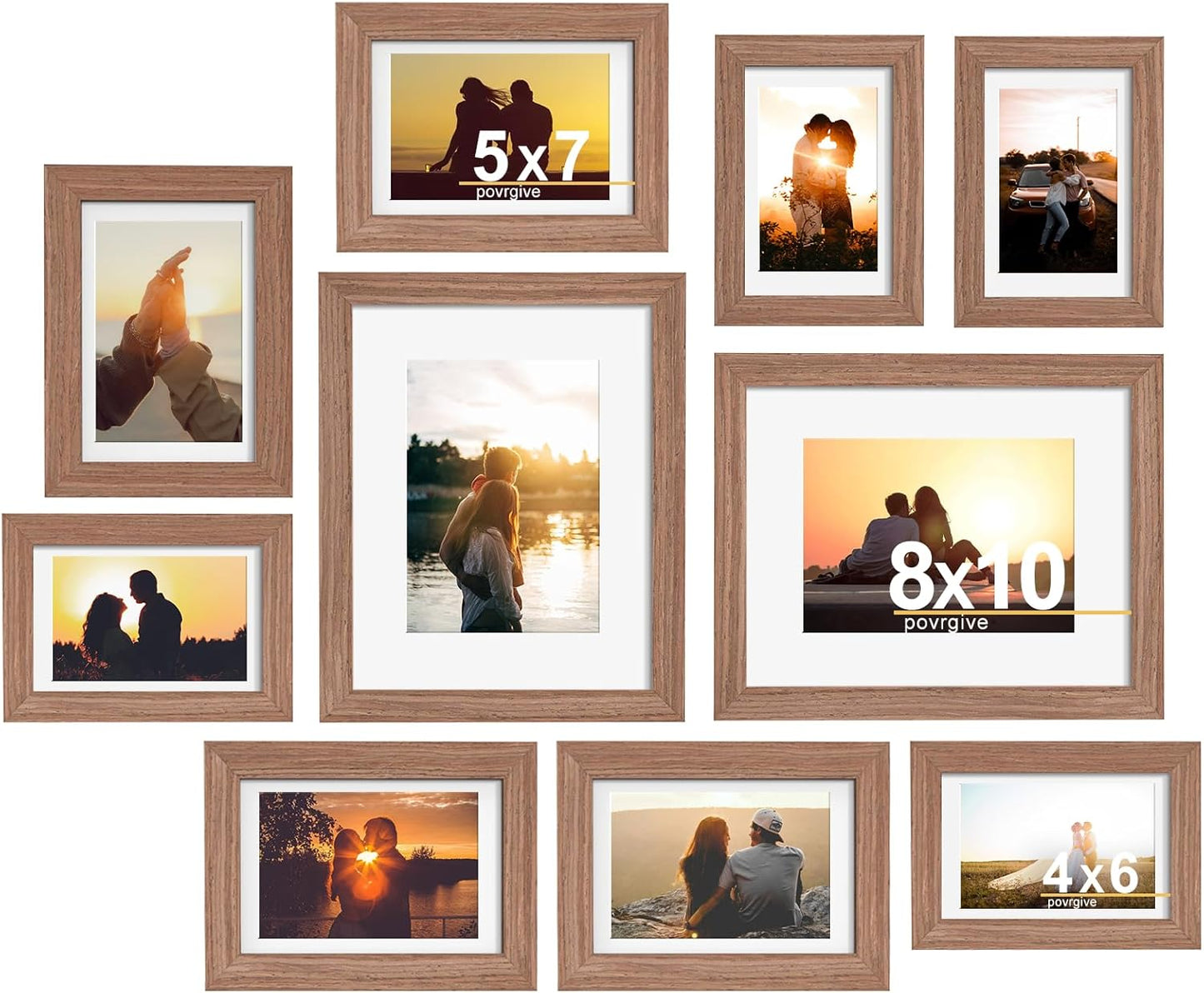 Povrgive Picture Frames, Made of Real Glass and Wooden Frame, Gallery Photo Frames Set of 10 for Collage Wall Decor, Multi Sizes Including 8x10, 5x7, 4x6 for Mounting or Tabletop Display, Wood
