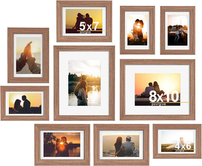 Povrgive Picture Frames, Made of Real Glass and Wooden Frame, Gallery Photo Frames Set of 10 for Collage Wall Decor, Multi Sizes Including 8x10, 5x7, 4x6 for Mounting or Tabletop Display, Wood