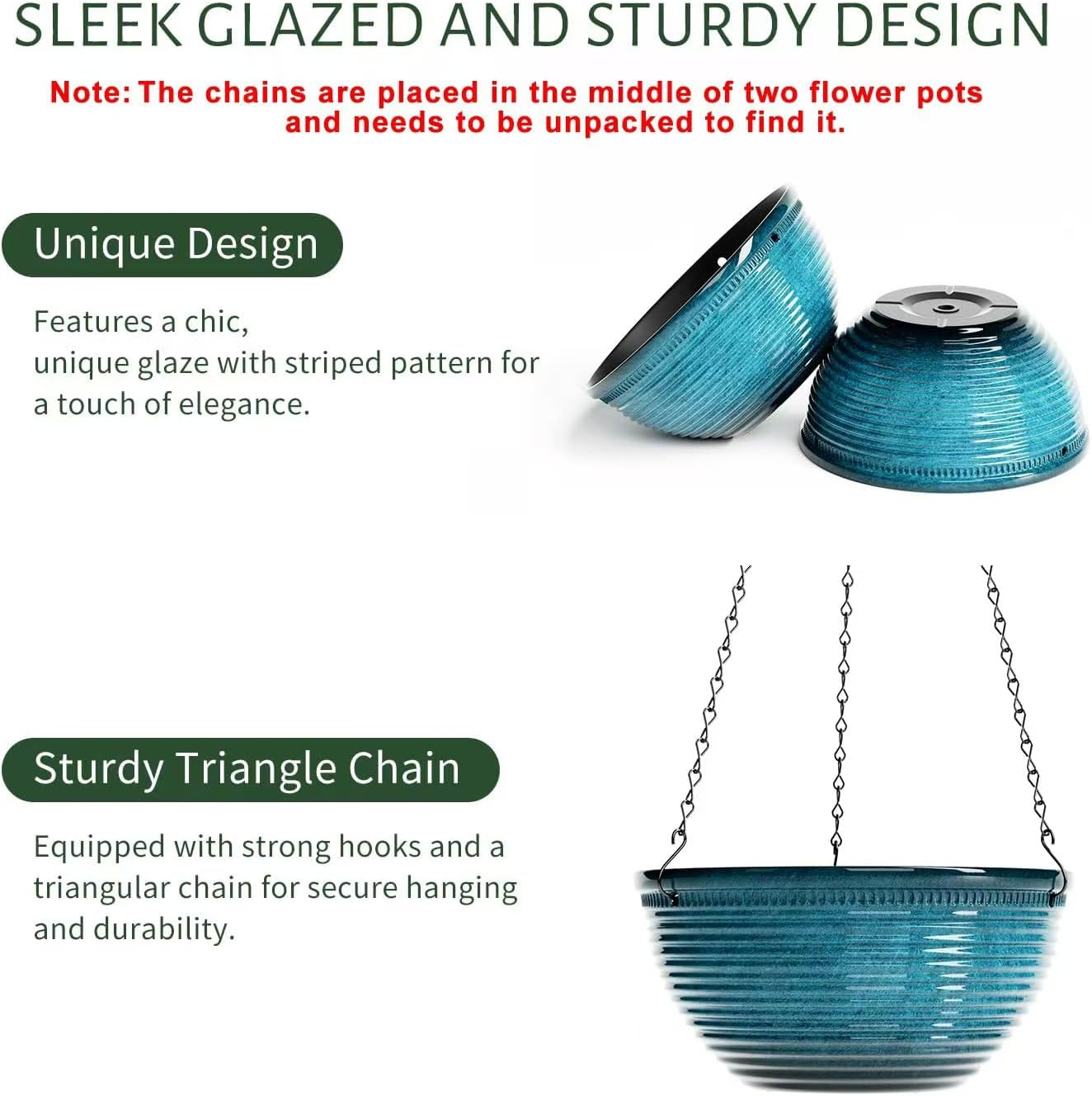 Vanslogreen 2 Pack Hanging Planters for Indoor Outdoor Plants, 10 Inch Hanging Planter with Drainage Hole & Plug Glazed Hanging Baskets Flower Pots for Garden Home (Blue)