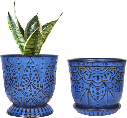 Gepege 6 Inch Beaded Ceramic Planter Set of 2 with Drainage Hole and Saucer for Plants, Indoor-Outdoor Large Round Succulent Orchid Flower Pot (Smoked Gray, Inner-pots not Larger Than 5 Inch)
