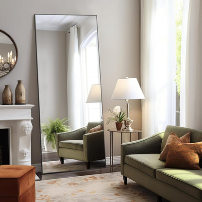 DUMOS Arched Full Length Mirror with Stand 64"x21" Floor Standing Aluminum Frame for Bedroom Body Hanging Leaning Modern Simple Home Decor Shatter-proorf Nano Glass Wall Living Room Cloakroom Black