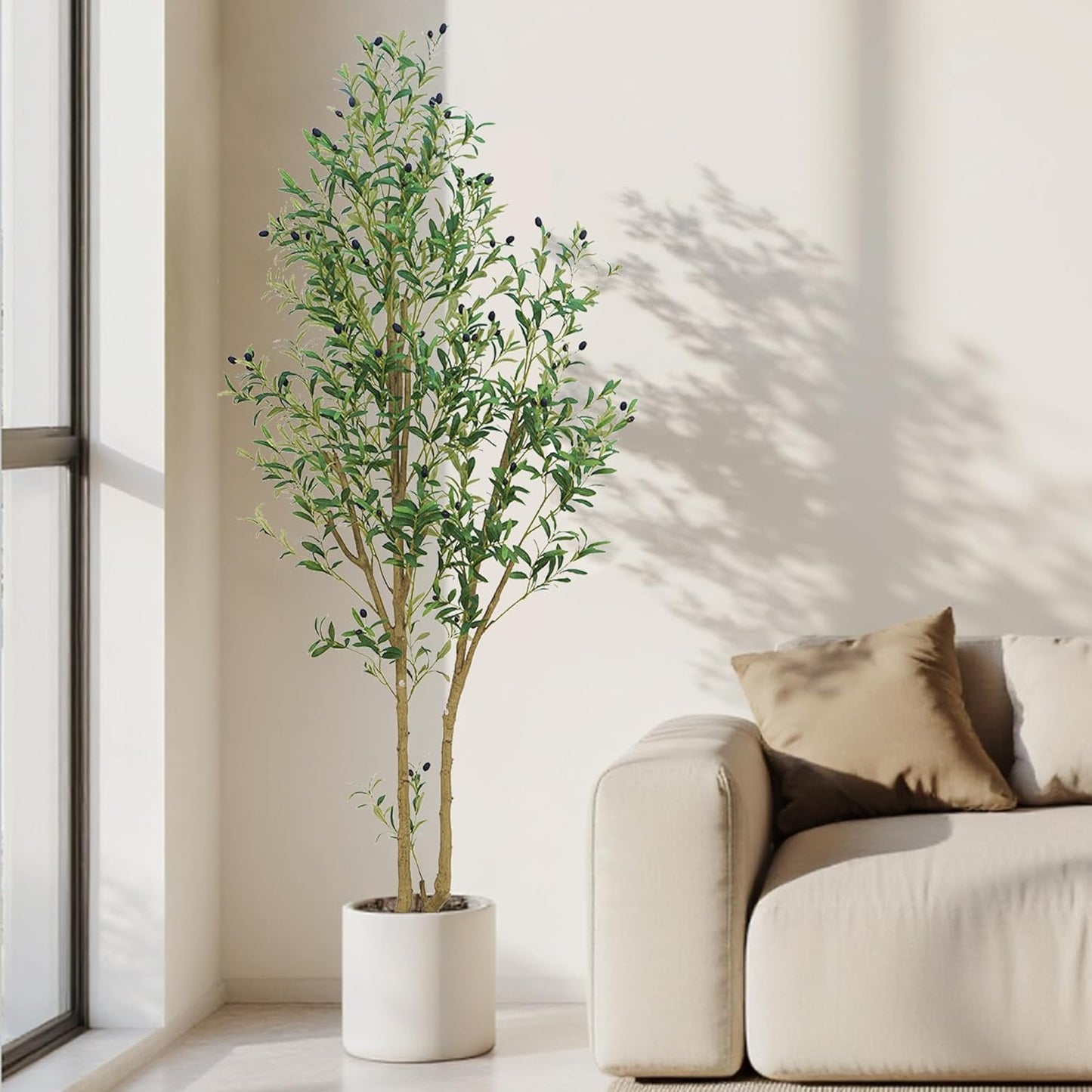 HZXGCP 6ft Artificial Olive Tree Indoor, Fake Olive Tree with White Pot, Faux Olive Tree with Dense Leaves & Realistic Fruits, Tall Artificial Plant for Home Living Room Office Entryway Decor