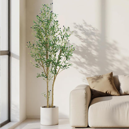 HZXGCP 6ft Artificial Olive Tree Indoor, Fake Olive Tree with White Pot, Faux Olive Tree with Dense Leaves & Realistic Fruits, Tall Artificial Plant for Home Living Room Office Entryway Decor