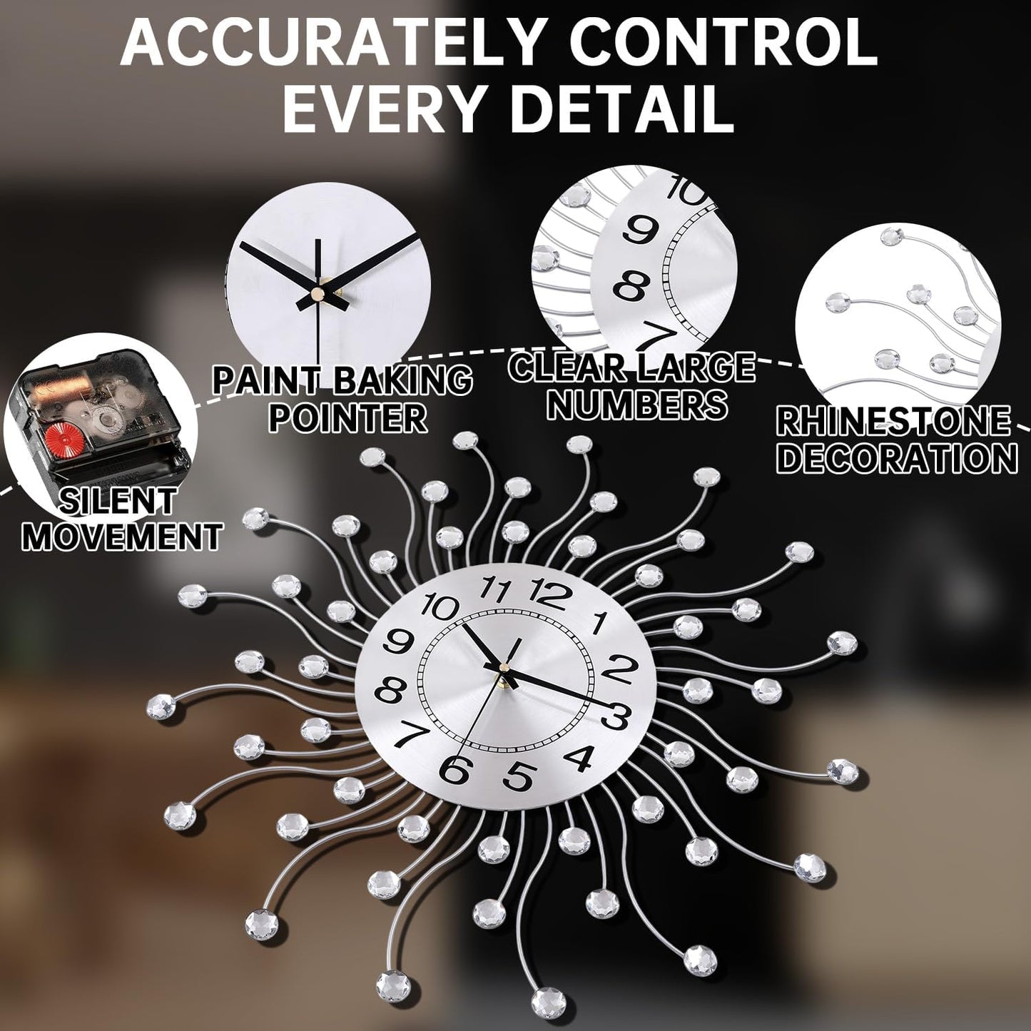 SIN&MI Large Wall Clocks, Silent Sunflower Shape Chic Decorative Wall Clock, Modern Non-Ticking Round Clock Dial Iron Metal Wall Clock for Living Room Decor Entrance Office Cafe 20 Inch