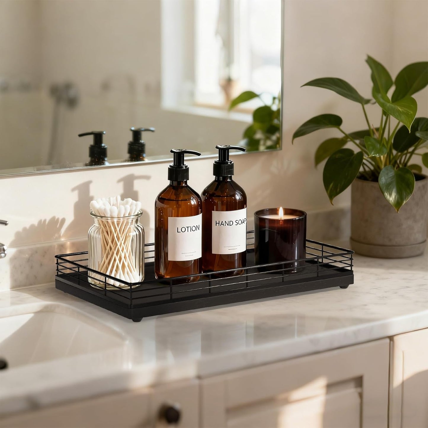 Bathroom Vanity Tray for Countertop, 12" x 6" Acacia Wood Toilet Tank Tray with Metal Guardrail, Bathroom Organizer for Soap, Perfume & Skincare, Non-Slip Decorative Tray for Dresser, Black & Acacia