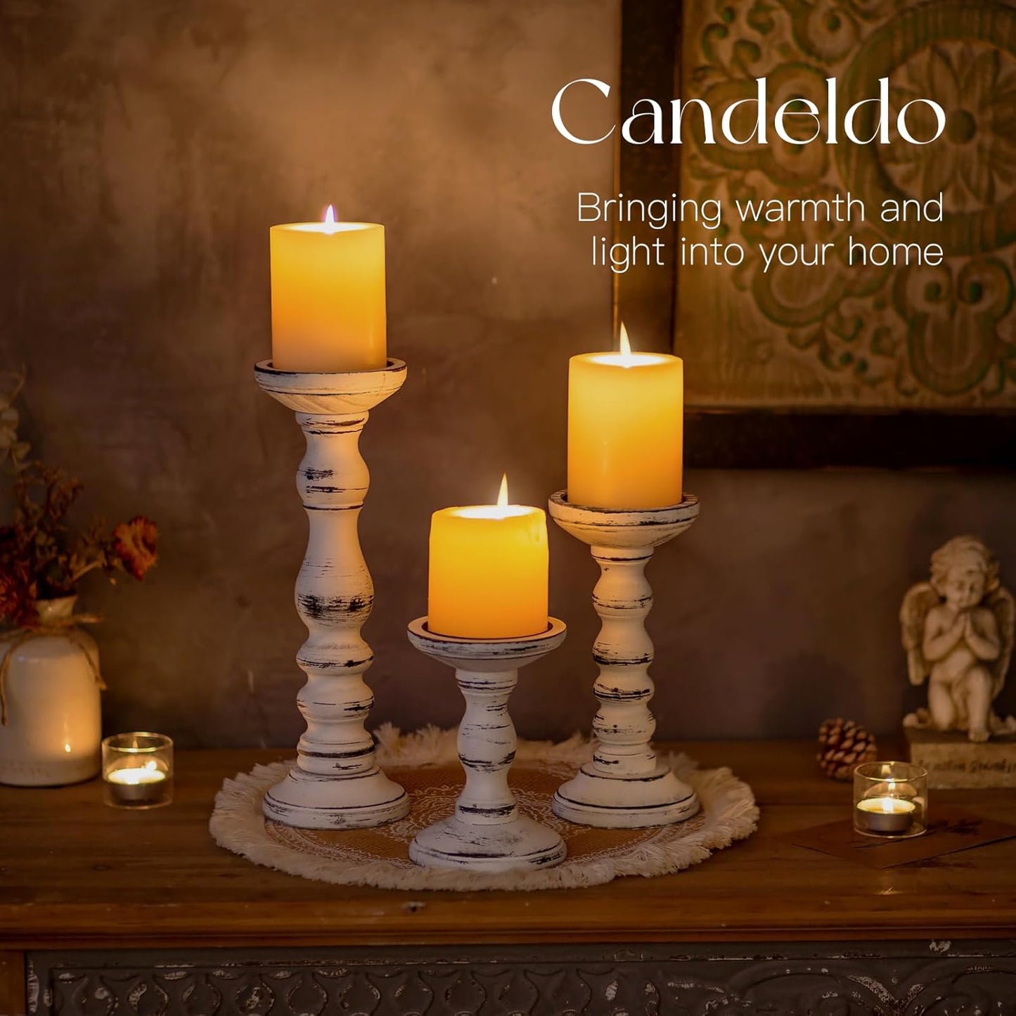 Candeldo Wood Candle Holders for Pillar: Rustic Candles Holder Set of 3 Tall Table Centerpiece Shabby Chic Decor Wooden White Farmhouse Decorations for Fireplace Mantle