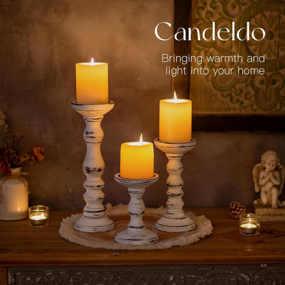 Candeldo Wood Candle Holders for Pillar: Rustic Candles Holder Set of 3 Tall Table Centerpiece Shabby Chic Decor Wooden White Farmhouse Decorations for Fireplace Mantle