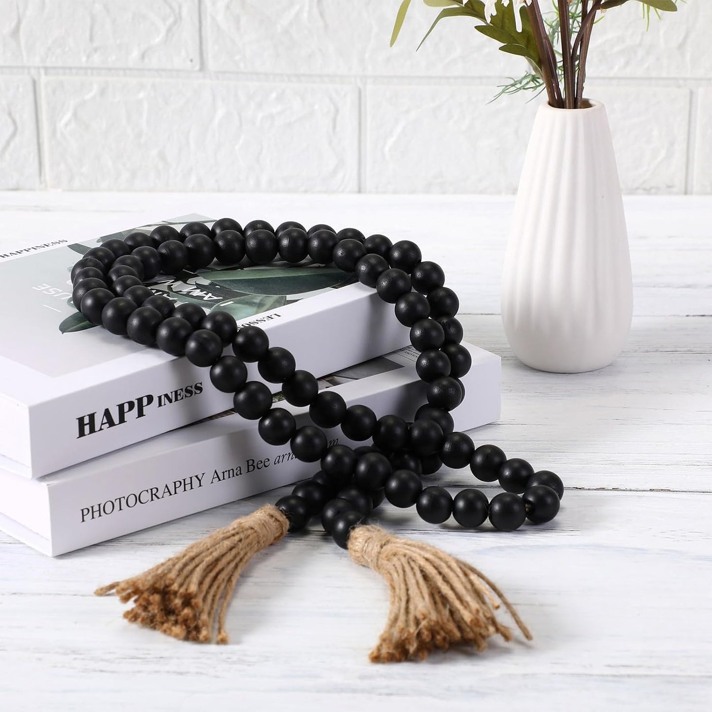 Geetery 2 Pcs 58'' Bead Garland with Tassels, Rustic Country Decor, Boho Wall Hanging for Farmhouse Style, Versatile Prayer Beads for Home, Table, or Wall Decoration (Black)