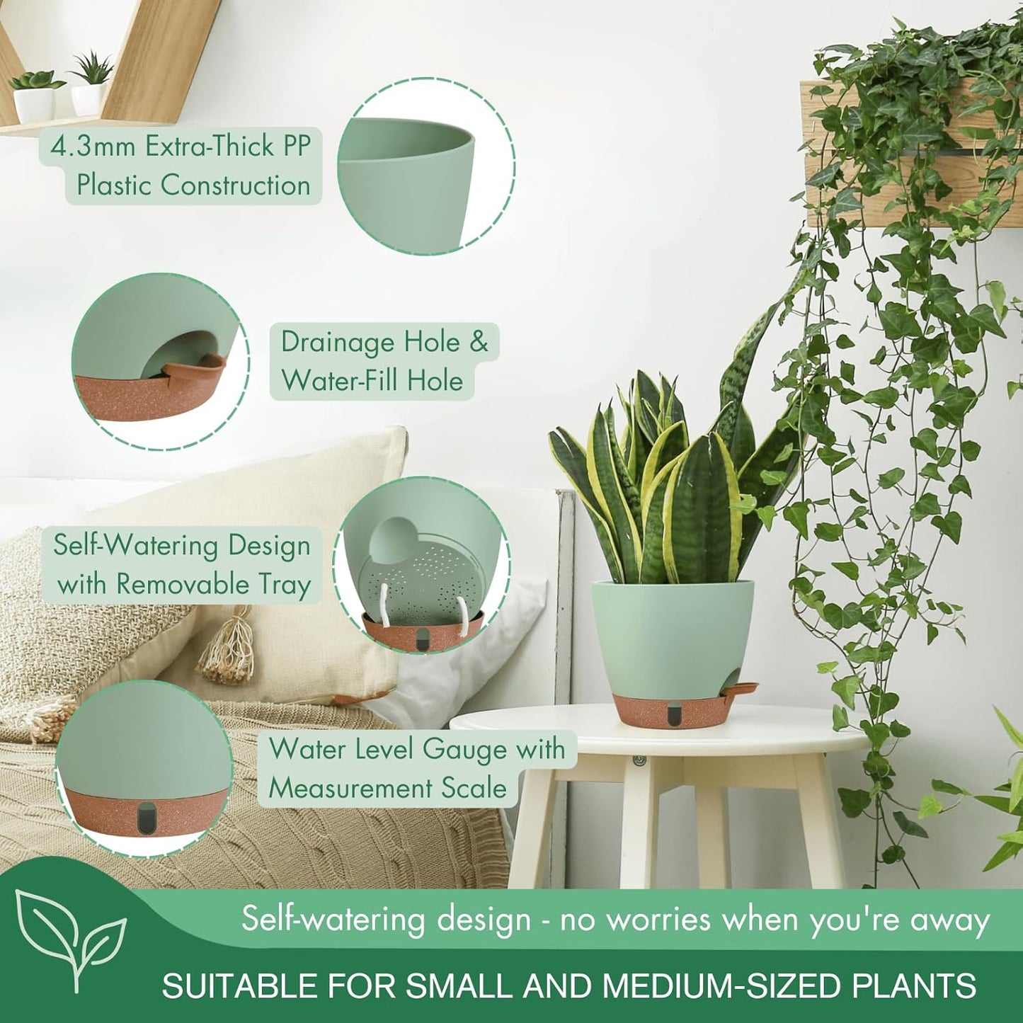 montresor 12/10/8 Inch Self Watering Pots for Indoor Plants Plastic Large Plant Pots for Outdoor Plants, Water Level Window & Spacious Reservoir Flower Pots Decorative Planter with Drainage and Tray
