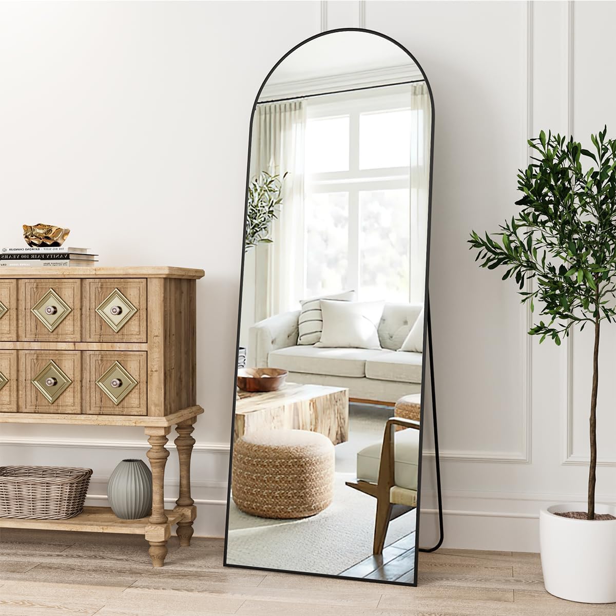 Dewfig Arched Full Length Mirror, 76"x34" Large Floor Mirror, Full Body Mirrors for Leaning or Hanging, Standing Mirrors for Bedroom, Living Room,Dressing Room, Aluminum Alloy Frame, Black
