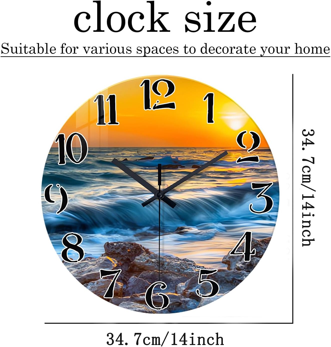 Beach Wall Clock Battery Operated 12 Inch Glass Wall Clock Non Ticking Analog Blue Wall Clocks for Bedroom Living Room Office Decor