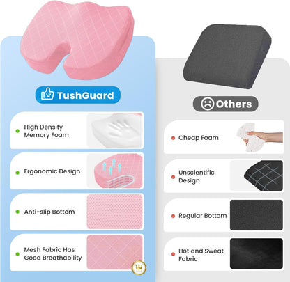 TushGuard Seat Cushion - Memory Foam Cushion for Office Chair, Car Seat, Airplane, Bleacher - Sciatica & Hip & Coccyx Pain Relief Desk Chair Cushion for Long Sitting Office Workers, Car Drivers