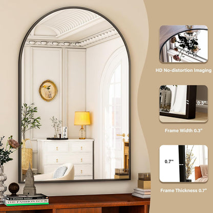 HARRITPURE Arched Wall Mirror 24"x36" – Black Metal Frame Vanity Mirrors for Bedroom, Entryway, Living Room Decor
