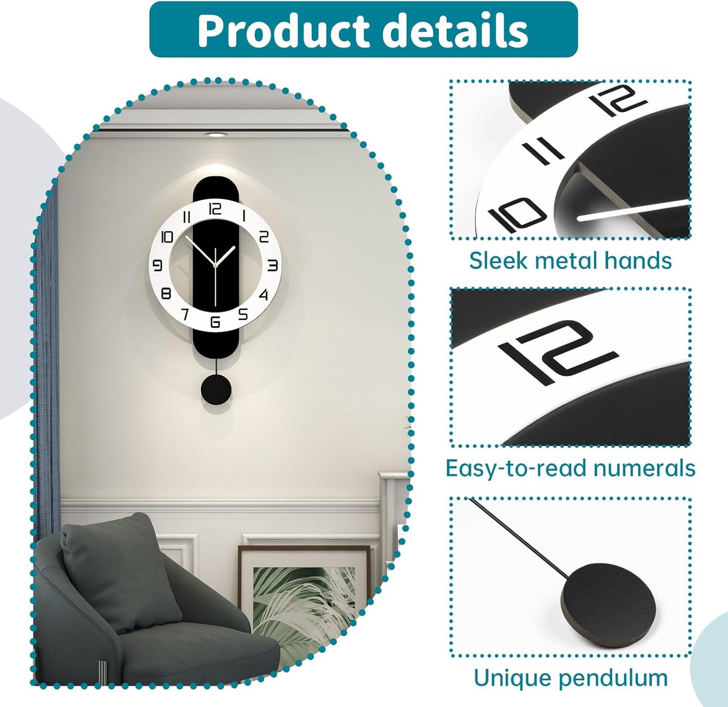Decorative Wall Clock for Living Room Decor Large Modern Wall Clocks with Pendulum Battery Operated for Bedroom Office Kitchen Home Small Black Silent Wall Clock Non Ticking 11.8*22.4 Inch