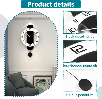 Decorative Wall Clock for Living Room Decor Large Modern Wall Clocks with Pendulum Battery Operated for Bedroom Office Kitchen Home Small Black Silent Wall Clock Non Ticking 11.8*22.4 Inch