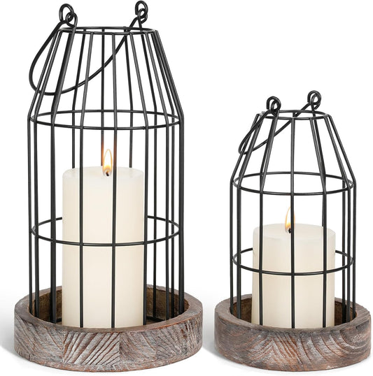 Rustic Wire Metal Cloche Set of 2 Candle Lantern Decorative Indoor Outdoor Vintage Cage Candle Holders Modern Farmhouse Decor for Fireplace Mantle Entryway Living Room Kitchen Dining Table Centerpiece