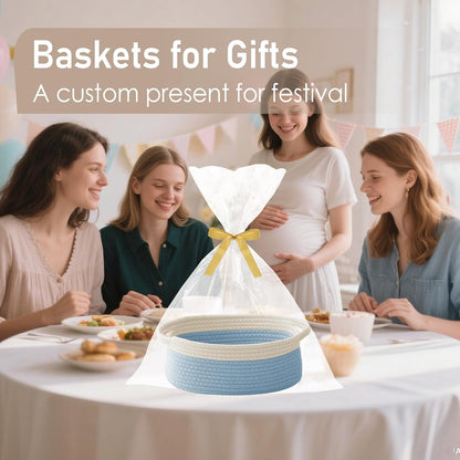 JMvicyroam Woven Basket,Small Rope Storage Bin with Handles & Ribbon Bag, Organizer for Shelves Closets,Gift Basket Empty for Birthday,Books,Dog Toys,White