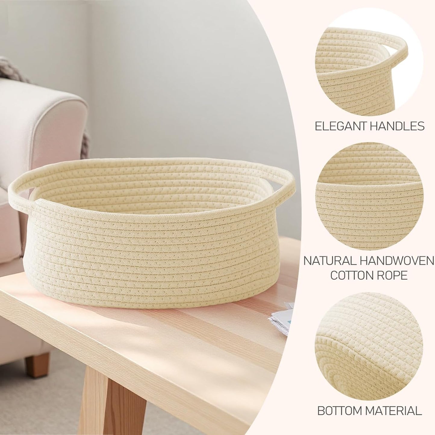JMvicyroam Woven Basket,Small Rope Storage Bin with Handles & Ribbon Bag, Organizer for Shelves Closets,Gift Basket Empty for Birthday,Books,Dog Toys,White