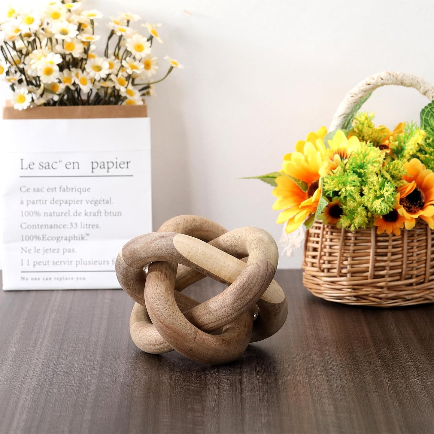 Yalikop 3 Link Wood Knot Decor Rustic Home Décor Accents Hand Carved Coffee Table Decoration, Boho Chain Link Decoration, Modern Shelf, Rustic Objects for Home Living Room Bedroom(White)