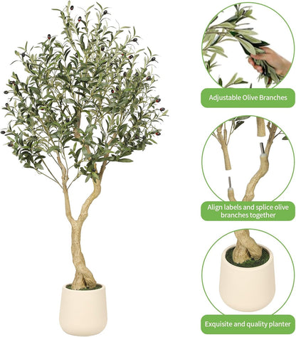 Realead 6ft Artificial Olive Tree with Tall Exquisite Planter - Realistic Faux Olive Tree with Thick Trunk and Lifelike Fruits - Large Fake Olive Tree for Home Office Decor