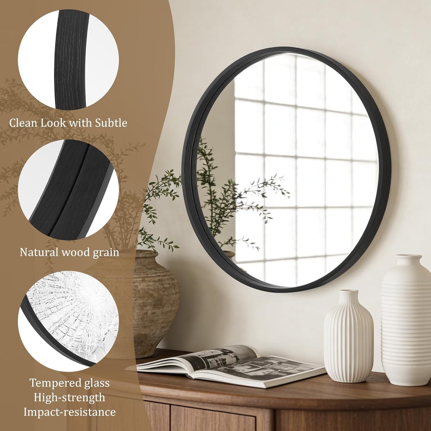 WallBeyond Wood Round Mirror with Wood Frame 24 inch Circle Wall Mirror for Bathroom Round Wall Mirror for Wall Decor, Vanity, Entryway Living Room (Walnut)