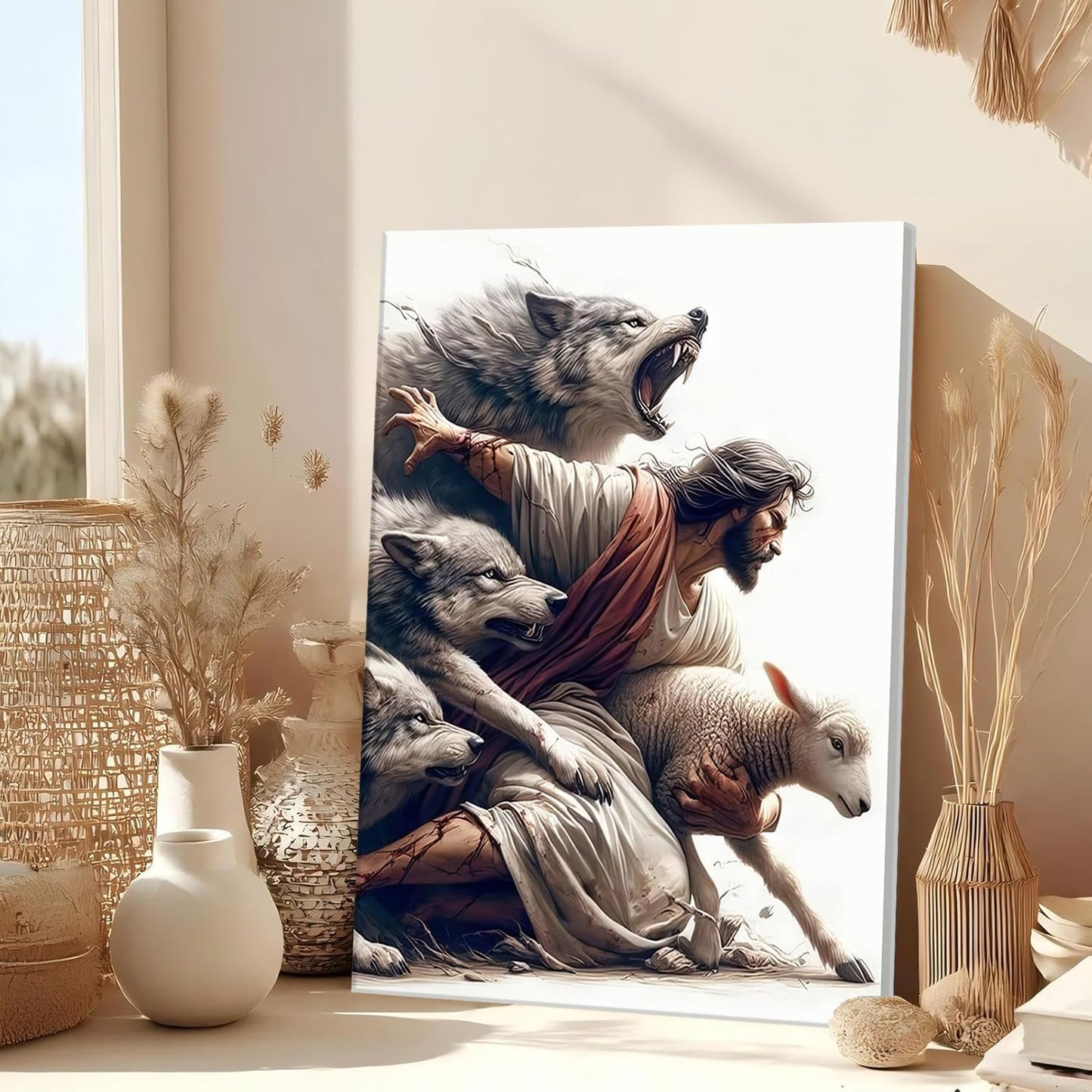 Abstract Jesus Walking on Water Canvas Wall Art Christian Spiritual Wall Decor Pictures Divine Light Modern Religious Posters Prints for Living Room Bedroom Church Decoration 12x16in