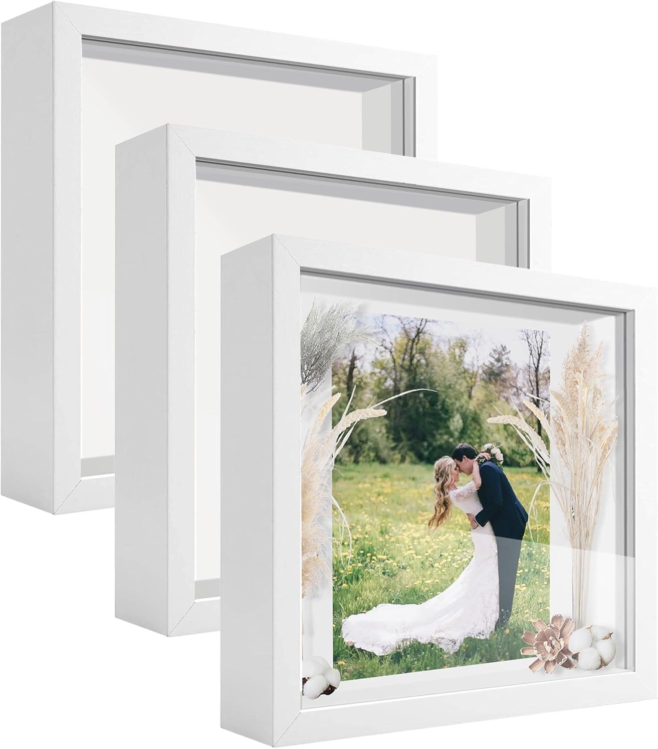 8x8 Shadow Box Frame Display Case with Letter Stickers, 3D Picture Frame, Display Case Box for Memorabilia, Baby Items, Wedding Memories, Crafts, Tickets and Photos (White, 8x8)