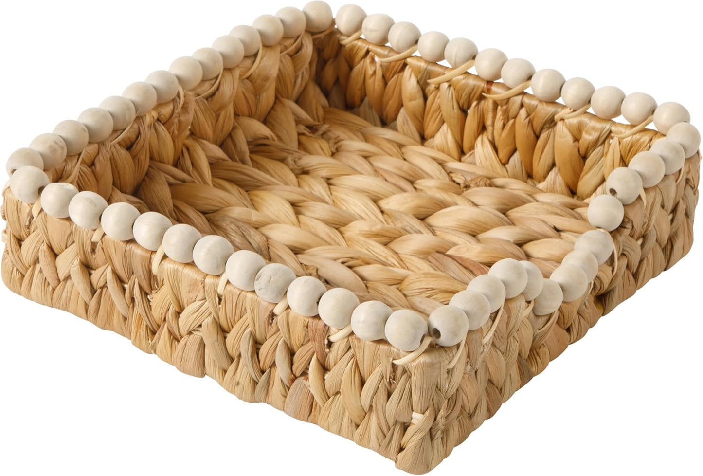 Gibson Home Riverrun Grove 17" Woven Decorative Serving Tray – Large Natural Water Hyacinth Basket w/Wood-Bead Trim & Handles for Coffee Table Décor, Ottomans, Centerpieces & Kitchen Counter Display