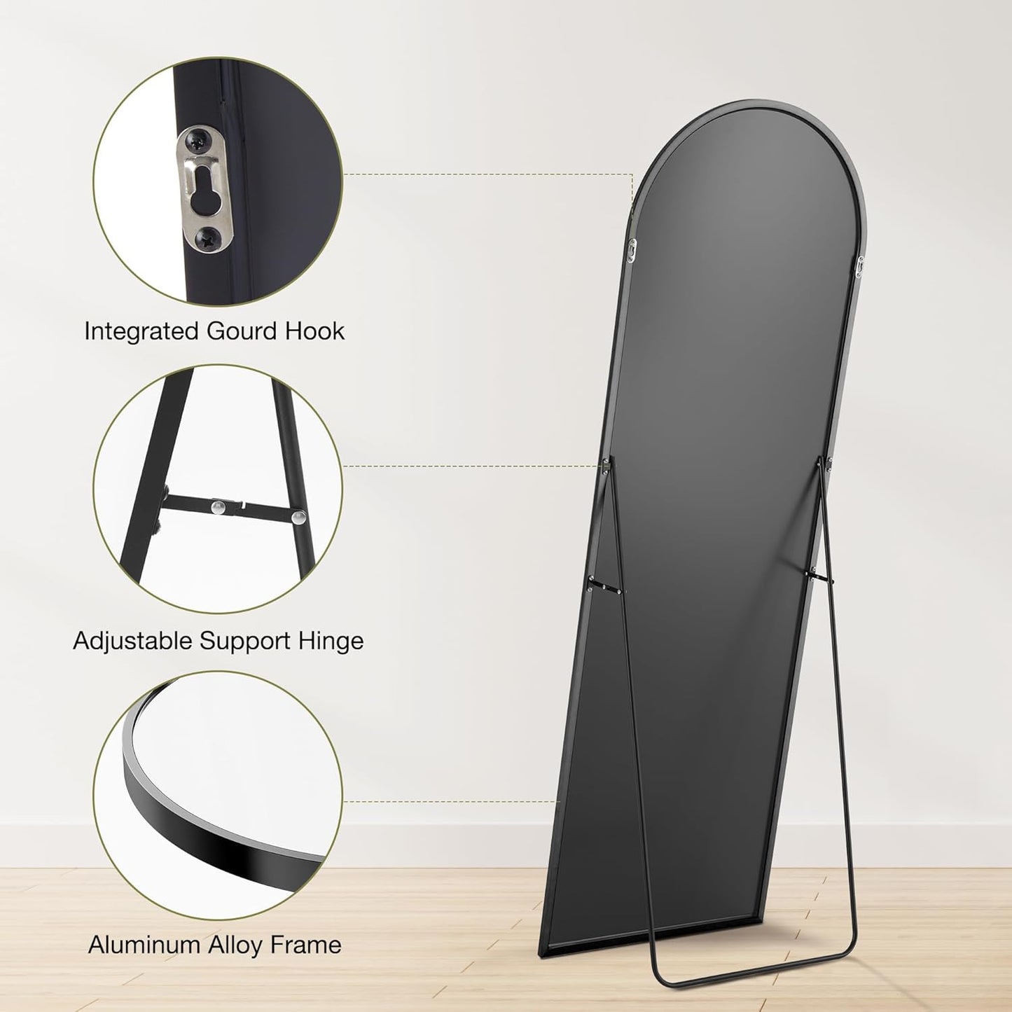 OLIXIS Black Arched Full Length Mirror 60"x16" for Bedroom, Full Body Mirror with Stand, Hanging or Leaning for Wall, Aluminum Alloy Thin Frame Floor Standing for Living Room