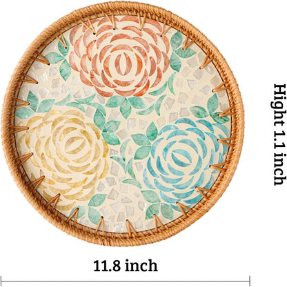 Round Rattan Tray with Mother of Pearl Inlay, Decorative Wicker Serving Tray with Wooden Base, Woven Basket Trays for Bread Fruits Coffee, Leaf