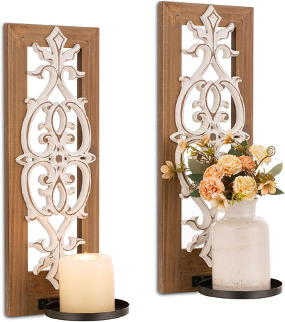 Farmhouse Wood Candle Sconces Wall Decor - Set of 2 Walasis Rustic Wall Candle Holder Decorative Carved Brown Candle Sconce Farmhouse Art Distressed Pillar Candles Holder for Fireplace Decor