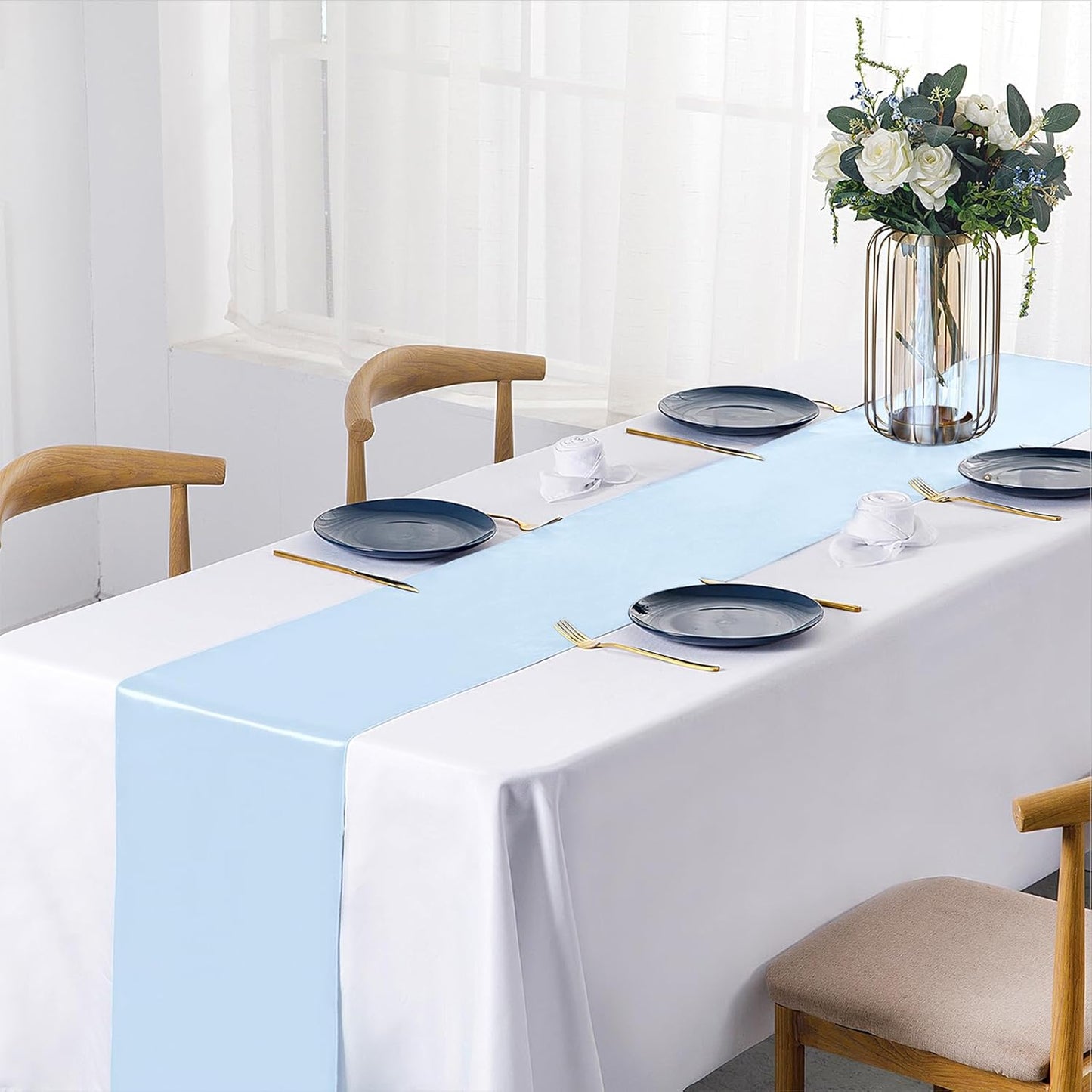 SiinvdaBZX 4 Pcs Royal Blue Satin Table Runner 12 x 108 inches Long, Bright Smooth Satin Wedding Table Runner Decorations for Birthday Parties, Buffet, Banquets, Graduations, Engagements