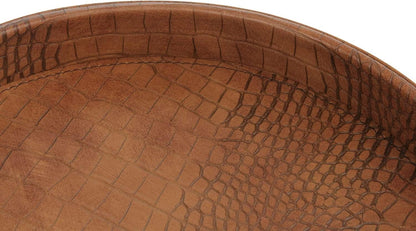 HofferRuffer Round Serving Tray 20'', Elegant Faux Leather Circle Ottoman Table Tray, Serve Tea Coffee Breakfast in Bedroom Living Room Kitchen (Brown)