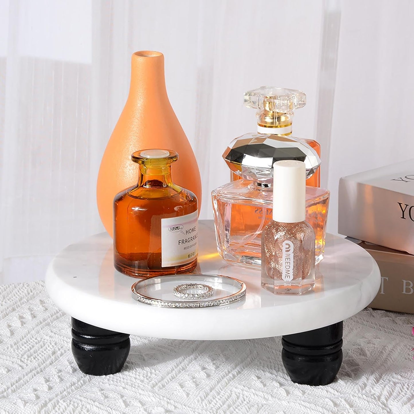 Decorative Round Marble Riser for Display,Marble Pedestal Tray for Home,Kitchen and Bathroom Countertop Organizer Counter Decor Tray.The Decorative Tray Non-slip,Stable（Black Gray）