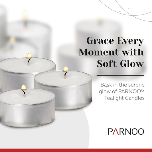 100 Pack Tealight Candles in Metal Cups - Clean, White Unscented with 4.5 Hour Long Burning Time - Votive Candles Bulk for Romantic Dinner, Weddings, Spa & Hotels by PARNOO