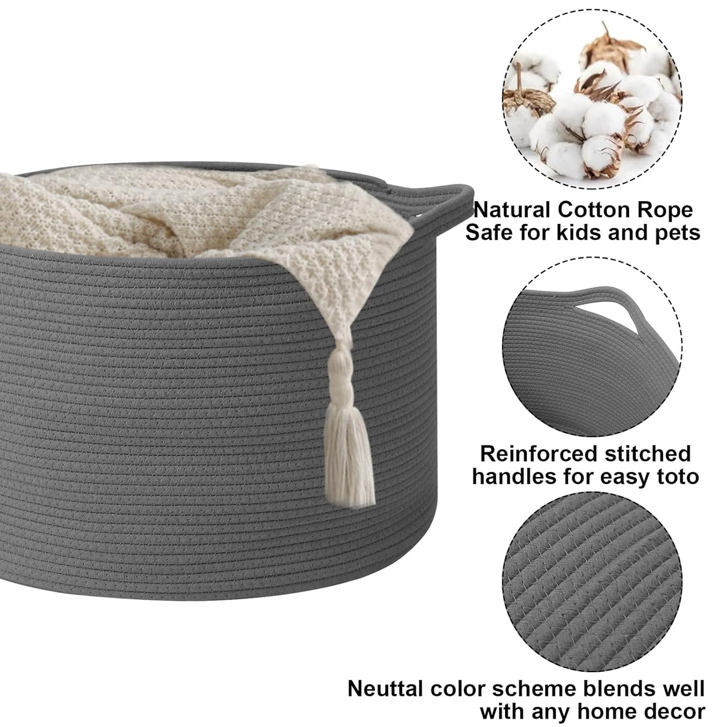 Large Woven Blanket Basket,65L Cotton Rope Laundry Basket Hamper with Handles, Decorative Nursery Basket Storage Bin for Toys, Clothes Organizer, Living Room, Bedroom, Bathroom, White & Brown