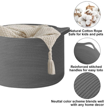 Large Woven Blanket Basket,65L Cotton Rope Laundry Basket Hamper with Handles, Decorative Nursery Basket Storage Bin for Toys, Clothes Organizer, Living Room, Bedroom, Bathroom, White & Brown