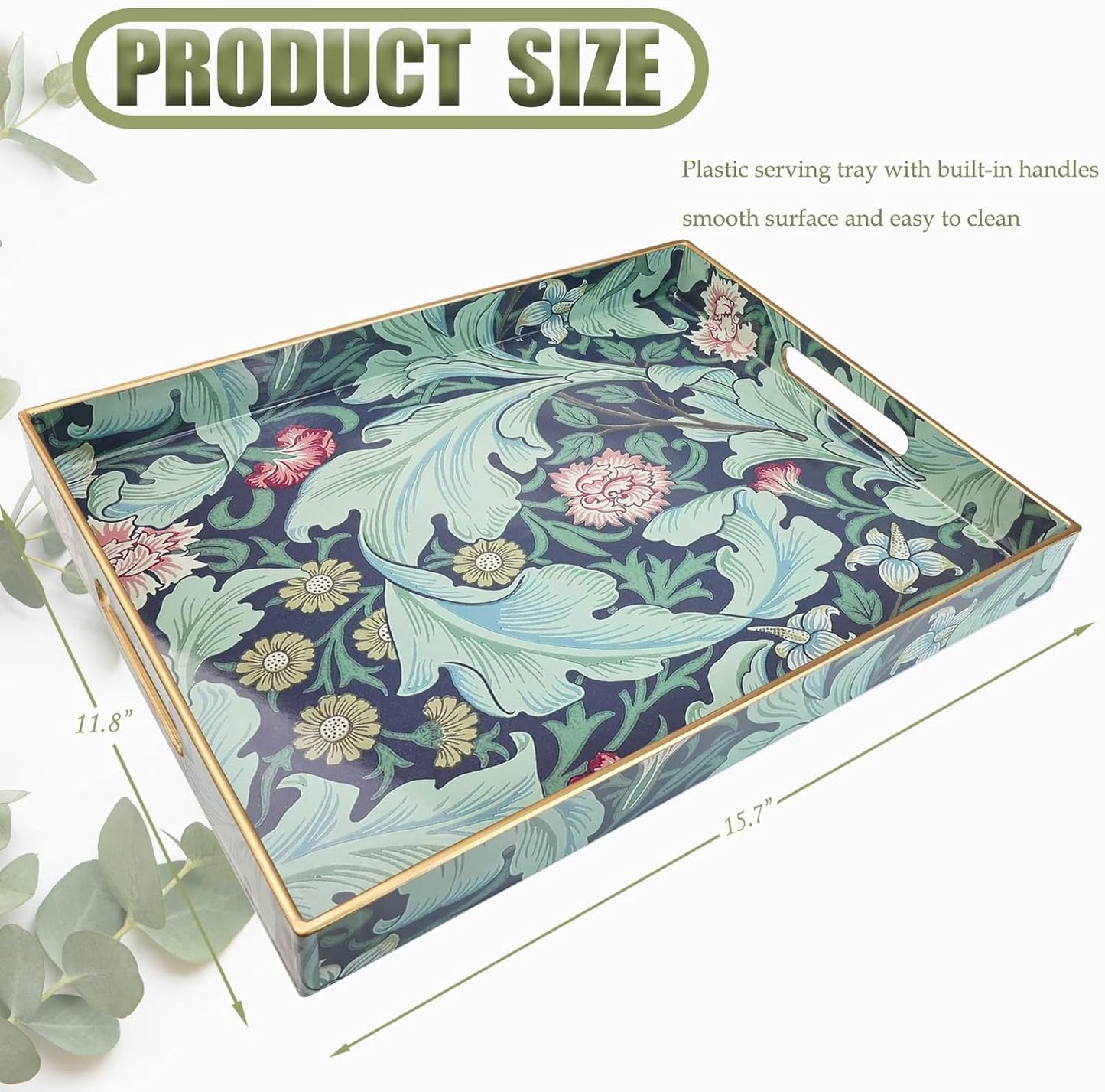 Spsyrine Serving Tray with Handles, Plastic Decorative Tray for Coffee Table, Living Room, Home Decor, Dianthus