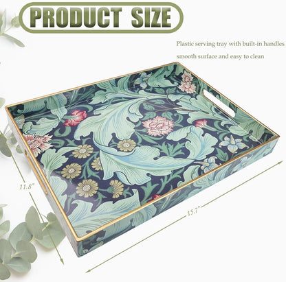 Spsyrine Serving Tray with Handles, Plastic Decorative Tray for Coffee Table, Living Room, Home Decor, Dianthus