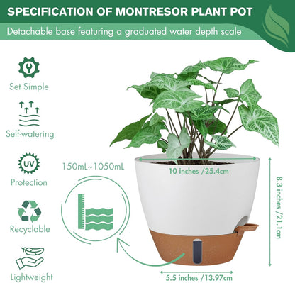 montresor 12/10/8 Inch Self Watering Pots for Indoor Plants Plastic Large Plant Pots for Outdoor Plants, Water Level Window & Spacious Reservoir Flower Pots Decorative Planter with Drainage and Tray