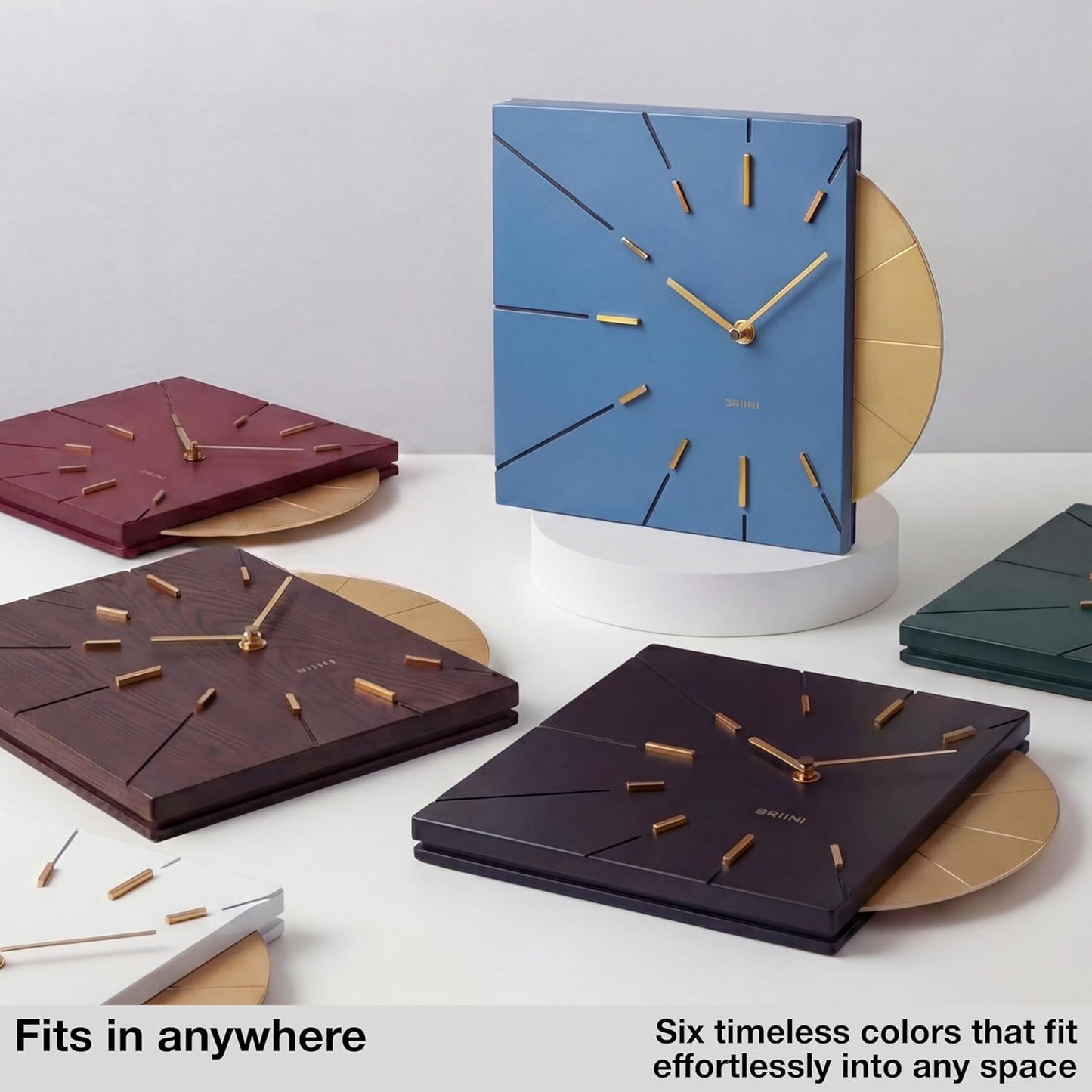 Driini Clocks Mid Century Modern Wall Clock - Square Green Clock with Decorative Gold Accent- Unique and Cool Clock, Battery Operated - MCM Decor & Decorative Wall Clock for Mid Century Modern Decor.