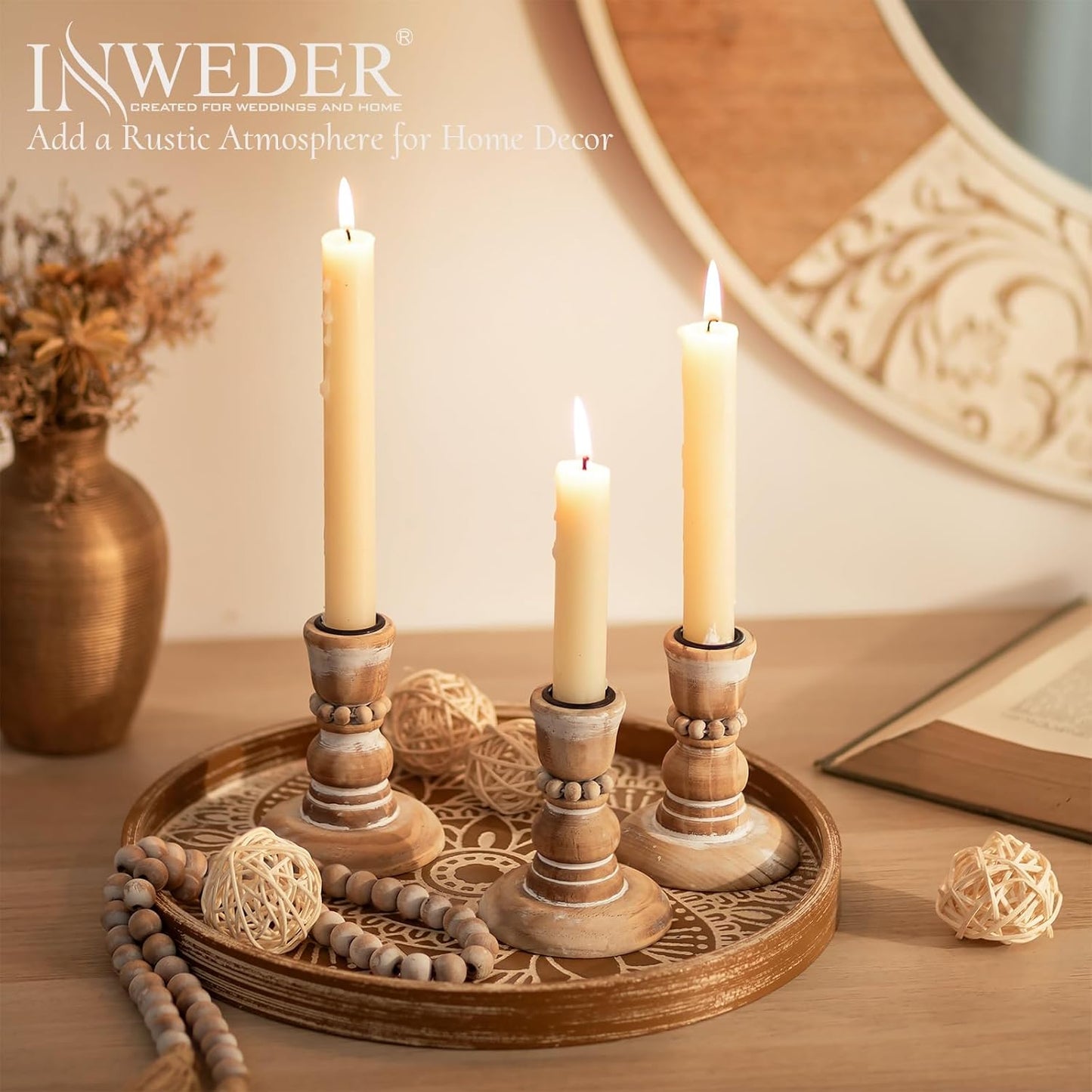 Wooden Taper Candle Holders: Wood Candlestick Holders Rustic Farmhouse Fall Decor for Living Room Dinning Table Centerpiece Christmas Set of 2